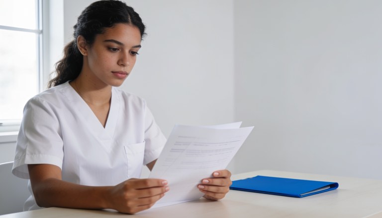 Médica lendo documentos em consultório sobre remuneração médica
