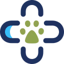 Abstract logo combining a green paw print with a blue and navy cross shape.