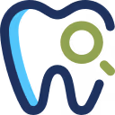 Icon of a tooth with a magnifying glass over it, symbolizing dental inspection or checkup.