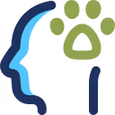 Blue silhouette of a human face next to a green paw print representing a pet or animal care concept.