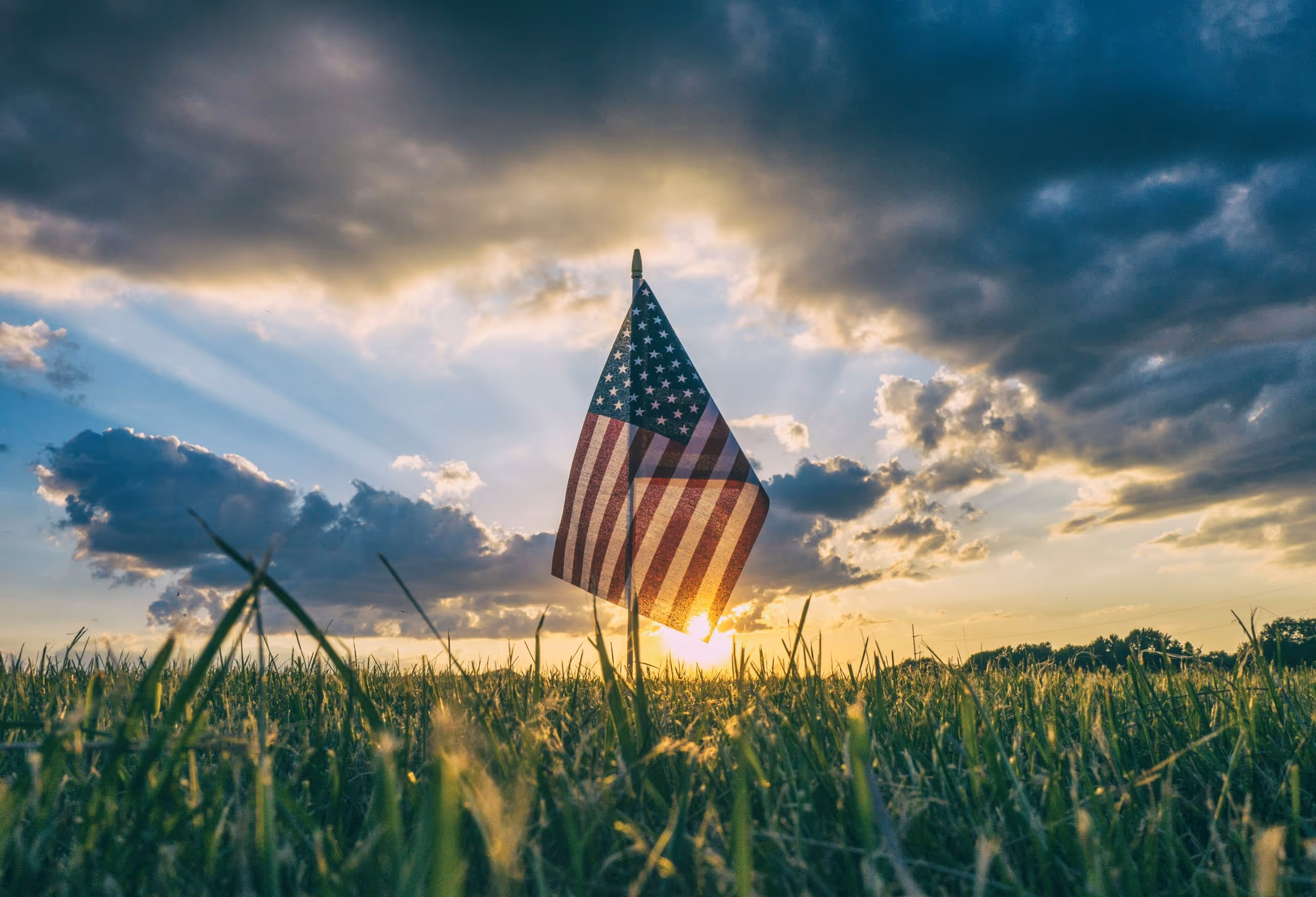 American flag standing alone in a field, symbolizing trust, relevance, and national service.
