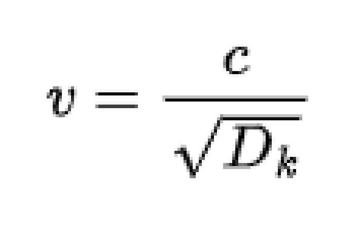 Equation 2: propagation velocity v equals the speed of light c divided by the square root of the dielectric constant Dk.