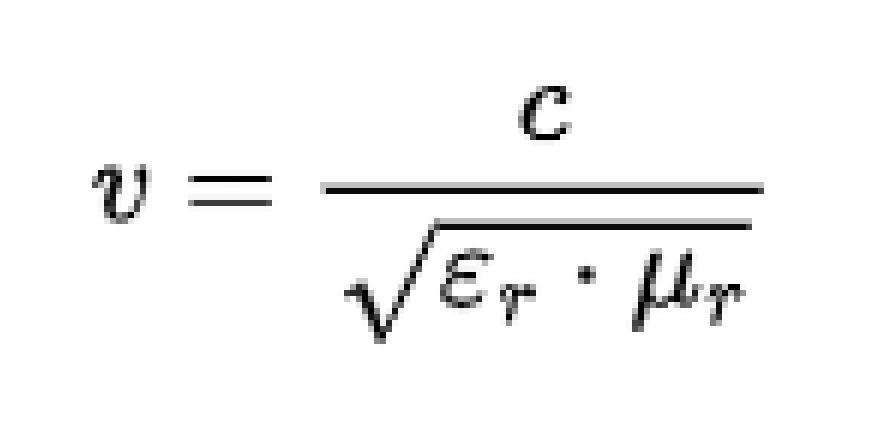 Equation 1: propagation velocity v equals the speed of light c divided by the square root of relative permittivity times relative permeability.