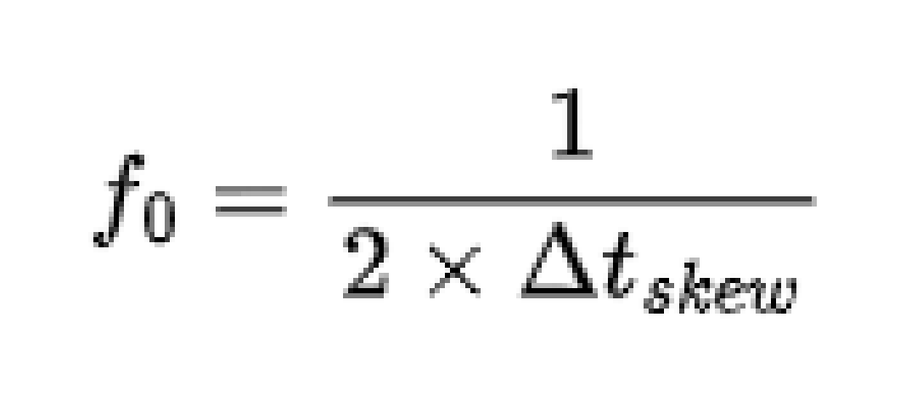 Equation 3: resonant null frequency equals one divided by two times the timing skew.