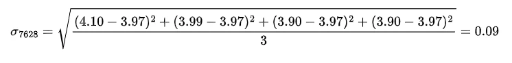 Equation: sigma for the 7628 weave equals the square root of the sum of squared deviations from the mean divided by 3, which is 0.09