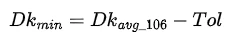 Equation: minimum Dk equals average Dk of the 106 weave minus the tolerance factor