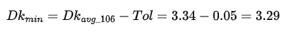 Equation: minimum Dk equals 3.34 minus 0.05, which is 3.29