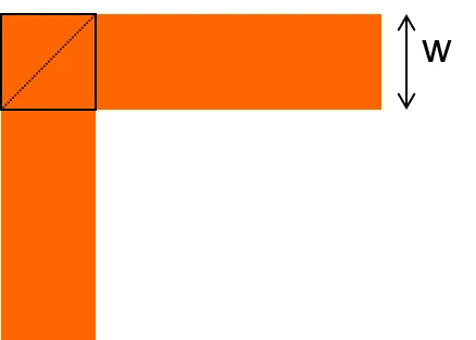 Top view of a 90-degree trace corner of width w, with the square of metal at the corner split diagonally to show the excess half square.