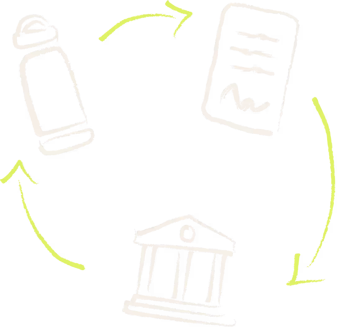 Water bottle, petition, government building connected by arrows, illustration.