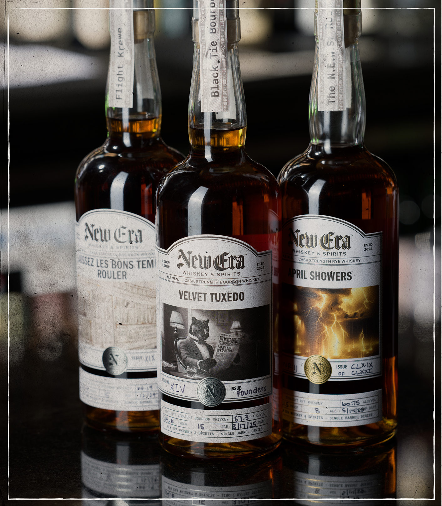 A photo of three bottles of various New Era bourbon releases