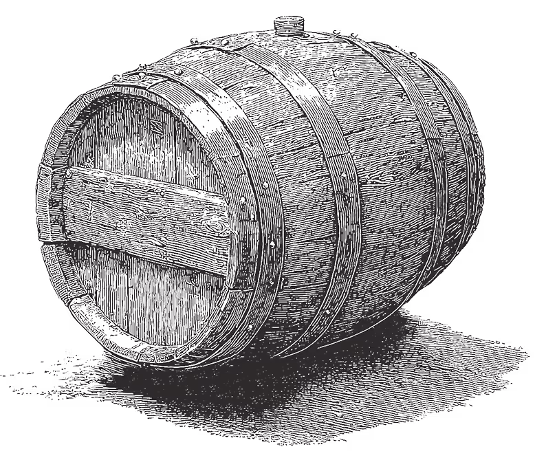An illustration of a whiskey barrel on its side