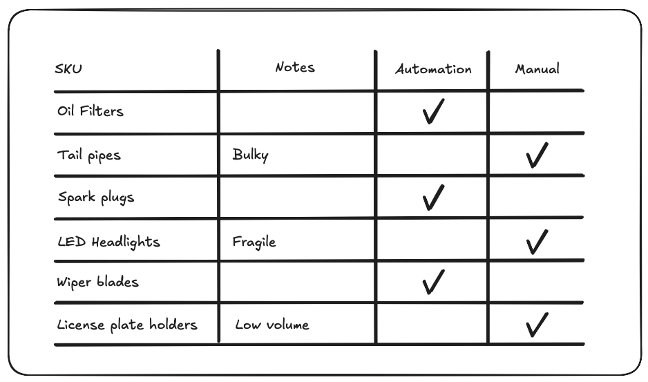 Table showing SKUs being processed manually or by automation equipment.