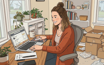 Woman sitting at her desk shopping online.