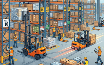 Graphic of a busy warehouse.