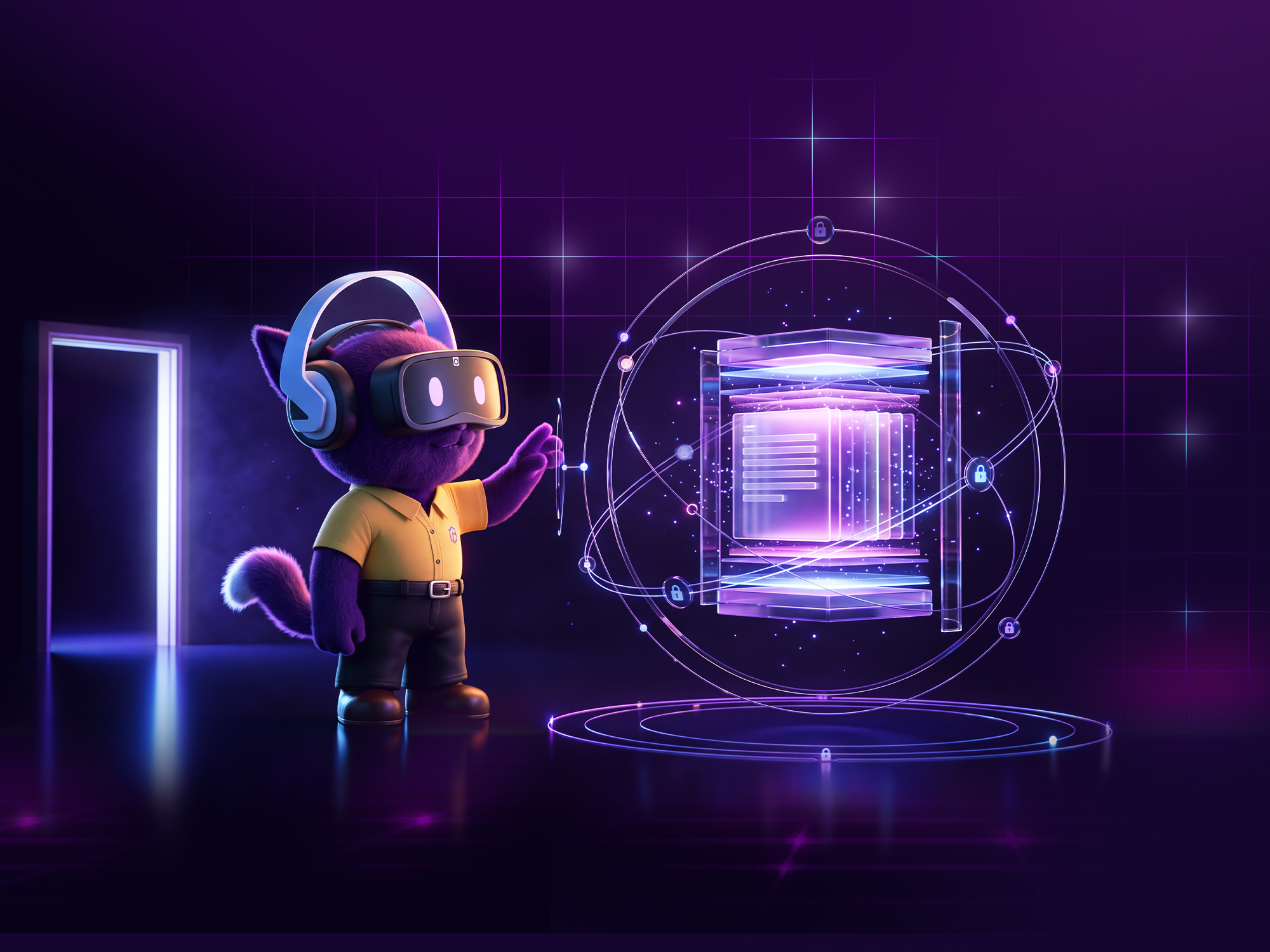 NeoSapients character uses a VR headset to inspect secured enterprise documents.