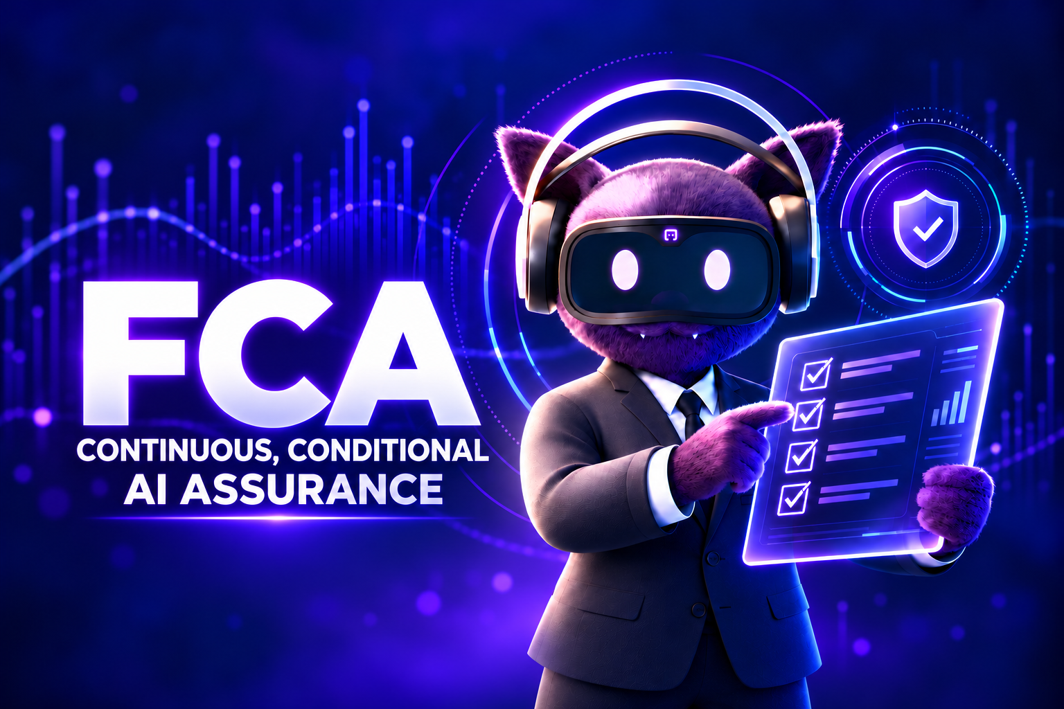 FCA continuous, conditional AI assurance visual featuring the NeoSapients mascot reviewing a governance checklist.