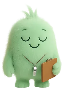 Green furry character named coach milo with closed eyes holding a clipboard and wearing a whistle on a necklace.
