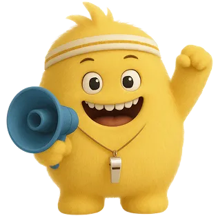 Yellow furry cartoon character named coach zipp with a headband holding a blue megaphone and wearing a whistle necklace, smiling with one fist raised.