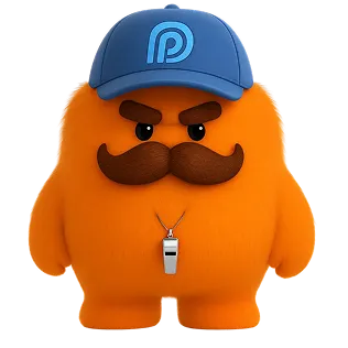 Orange cartoon character named coach tough with thick mustache, wearing a blue cap with a logo and a whistle necklace.