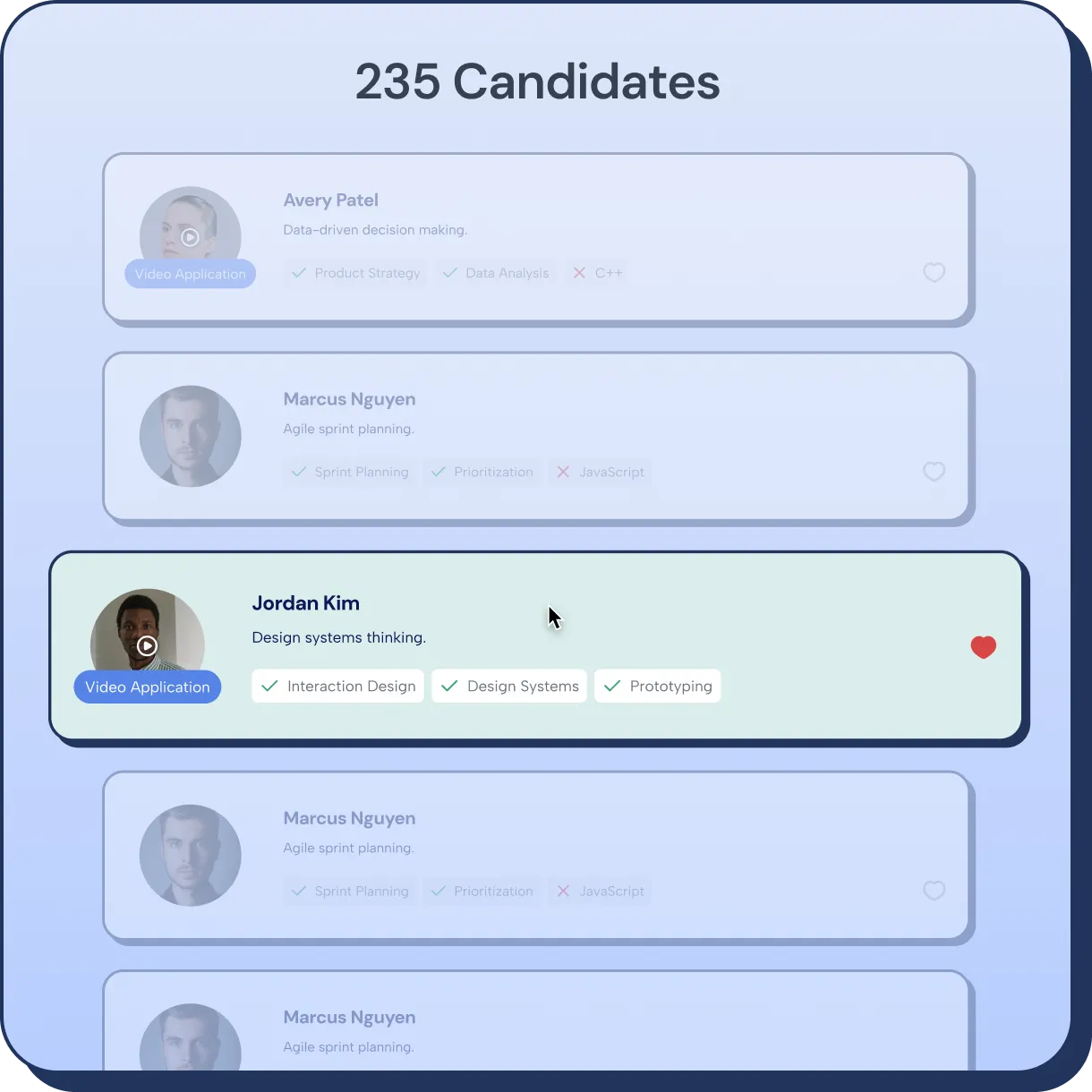 Candidate list showing 235 candidates with profiles for Avery Patel, Marcus Nguyen, and highlighted Jordan Kim, including video application icons and skill tags.