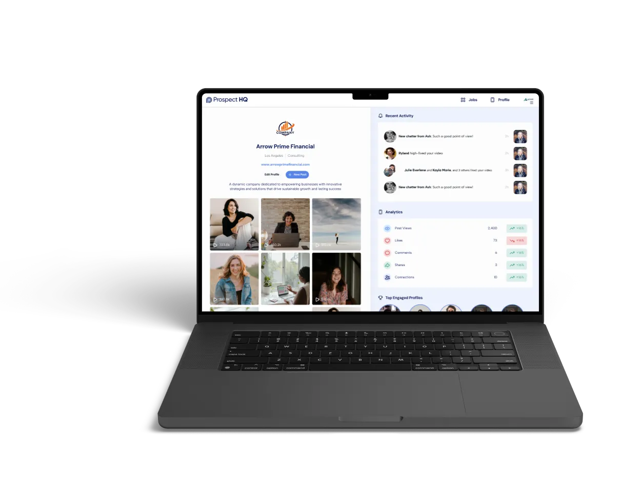 Open laptop displaying a business profile page for Arrow Prime Financial with photos, recent activity, and analytics.