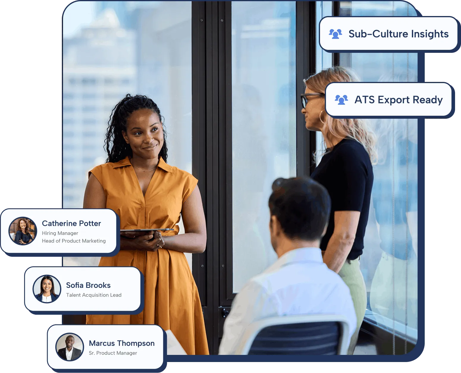 Professional woman in a mustard dress presenting to colleagues in a modern office, with UI overlays showing team member profiles and feature tags like “Sub-Culture Insights” and “ATS Export Ready.”