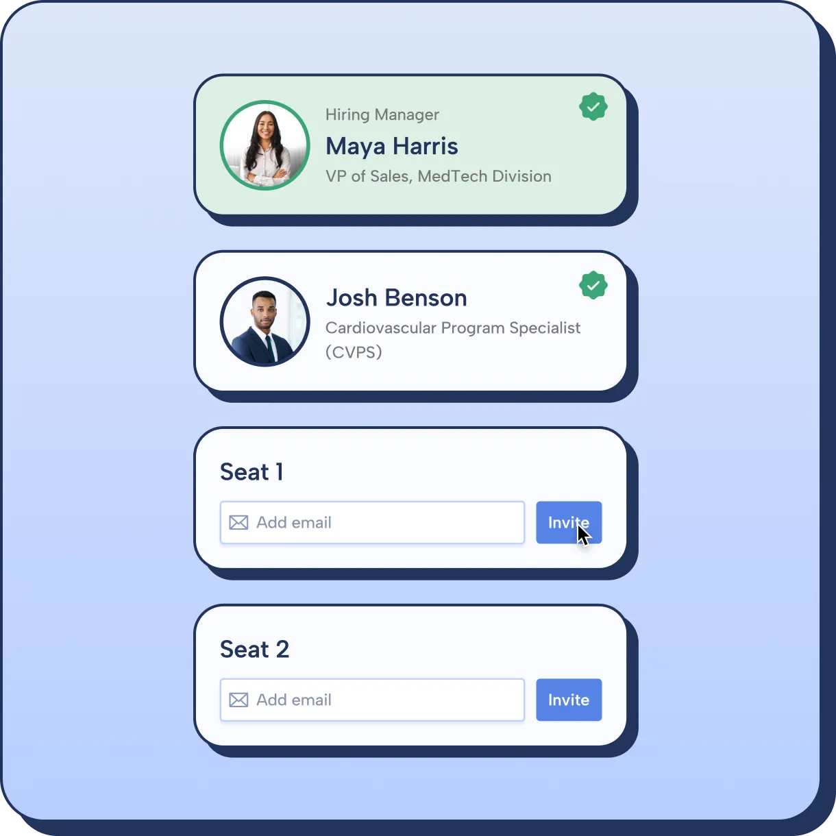 UI mockup showing a hiring manager and team member listed with profile photos and verified badges, followed by empty “Seat 1” and “Seat 2” fields with email input and Invite buttons for adding team members.