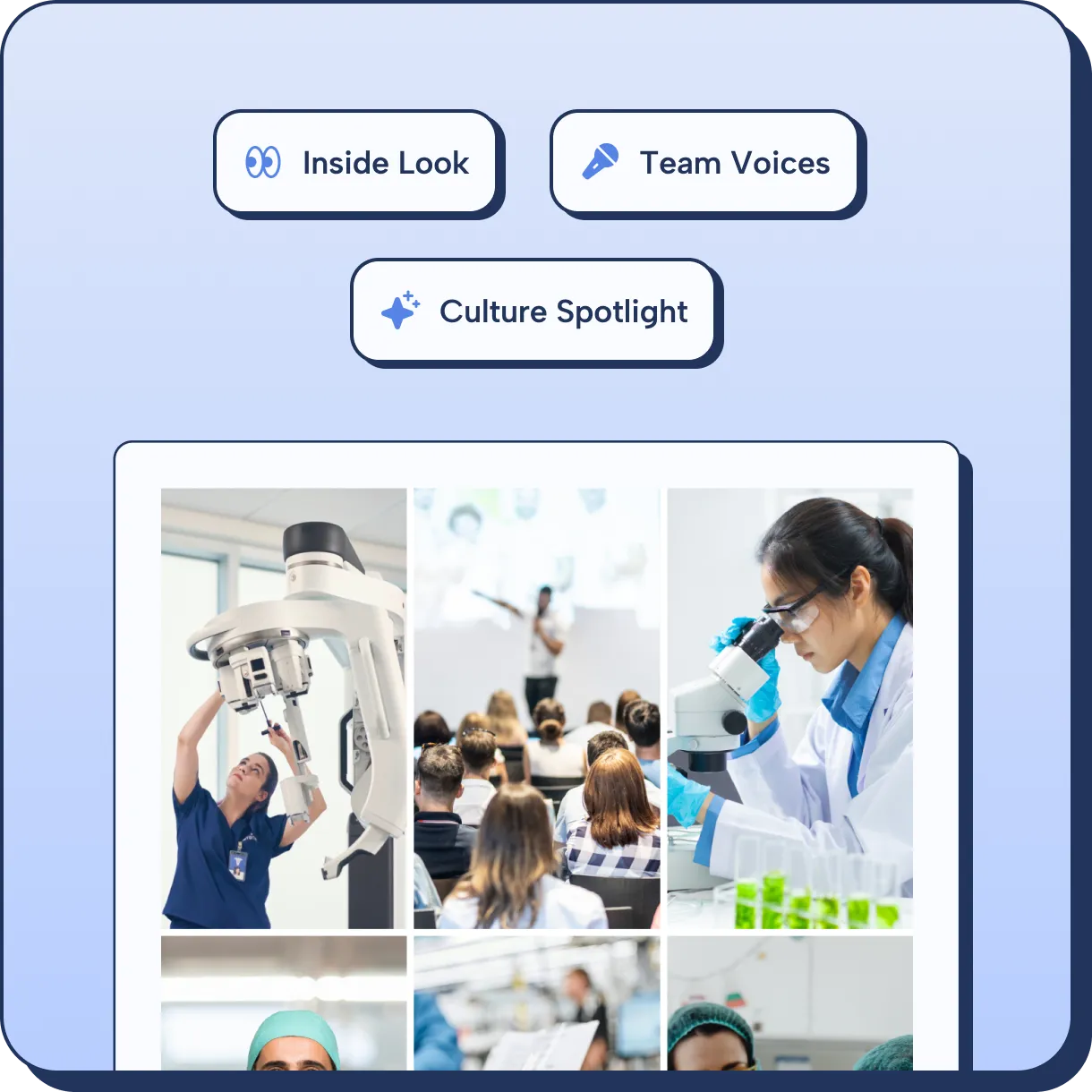 UI section with buttons labeled “Inside Look,” “Team Voices,” and “Culture Spotlight” above a grid of workplace images showing medical professionals operating equipment, attending a presentation, and conducting laboratory research.
