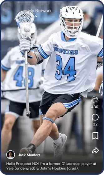 Lacrosse player wearing a white Johns Hopkins jersey with number 34 running on the field holding a lacrosse stick.