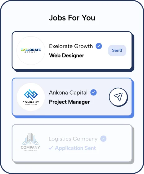 Mobile app interface showing job listings with company logos and job titles: Exelorate Growth Web Designer with status 'Sent!', Ankona Capital Project Manager with a send icon, and Logistics Company with 'Application Sent' shown but greyed out.