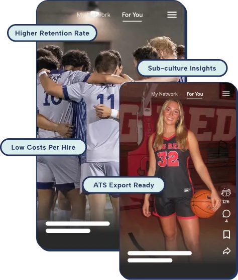 Sports team group hug and female basketball player holding ball in gym with app feature labels.