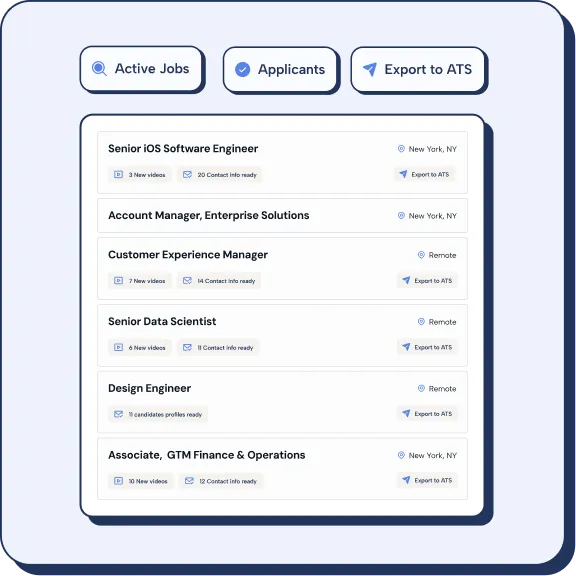 Job applicants list with roles, locations, candidate videos, contact info, and export to ATS options.