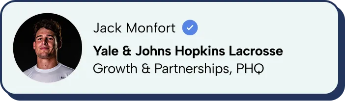 Profile card of Jack Monfort with a verified checkmark and role at Yale & Johns Hopkins Lacrosse.