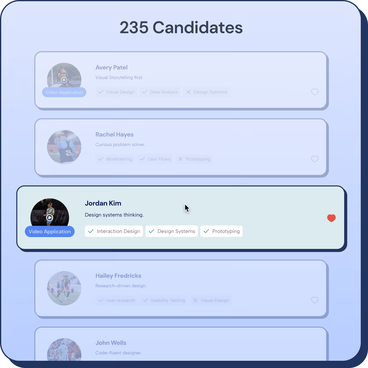 Candidate list showing Jordan Kim highlighted with skills in interaction design, design systems, and prototyping.
