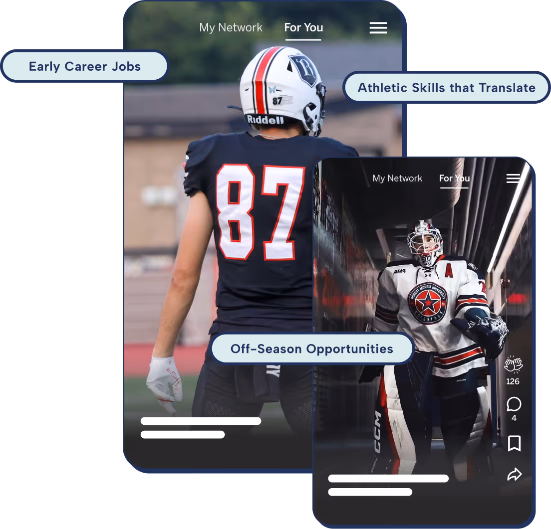 Two sports scenes on phone screens: football player from back and hockey goalie in gear in tunnel.