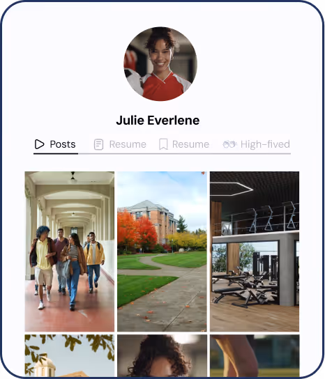 Profile of Julie Everlene with photos of people walking, autumn campus, gym, and other scenes.