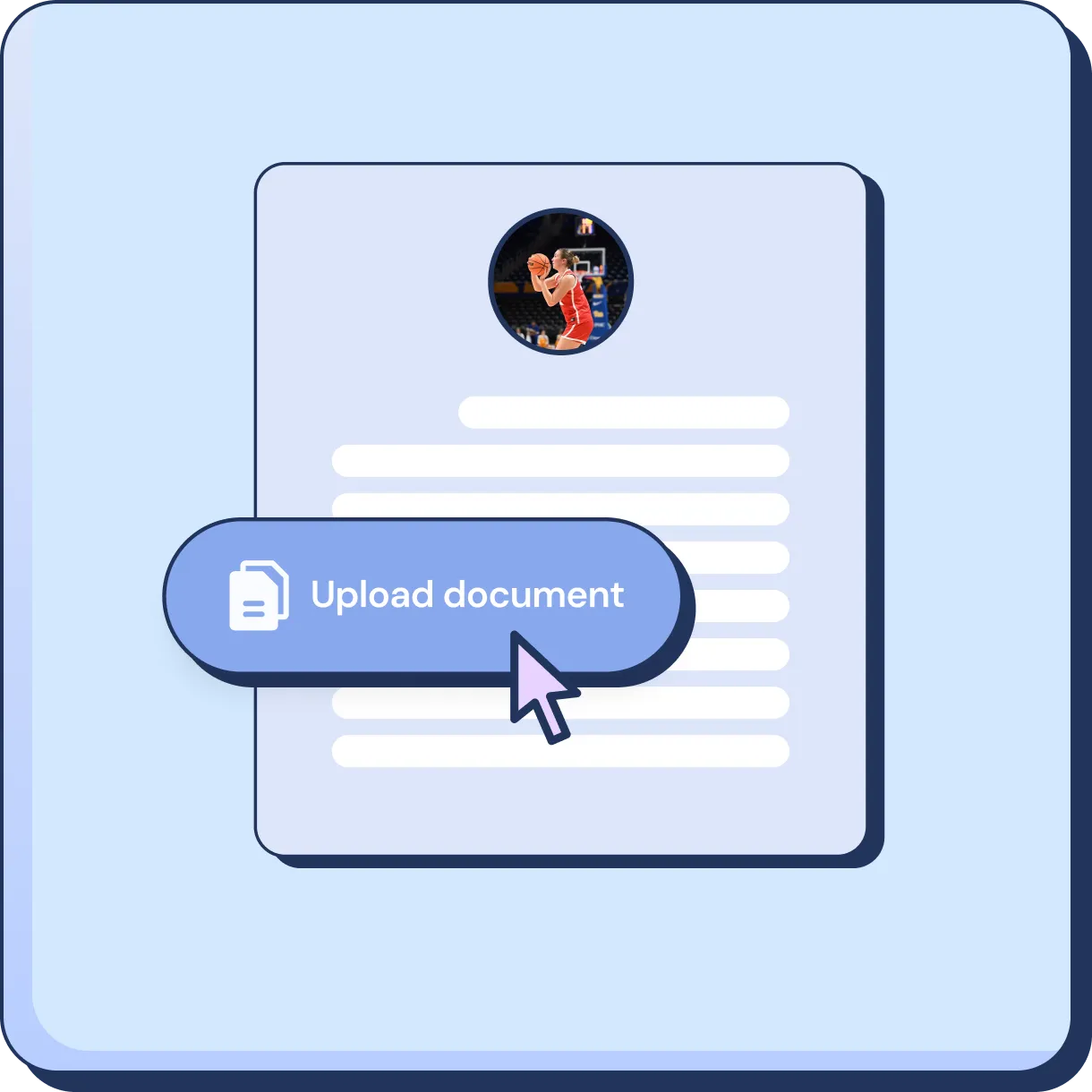 Cursor clicking a blue button labeled 'Upload document' over a document with a basketball player photo.