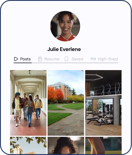 Profile of Julie Everlene with six images: people walking, campus, gym, and more posts.