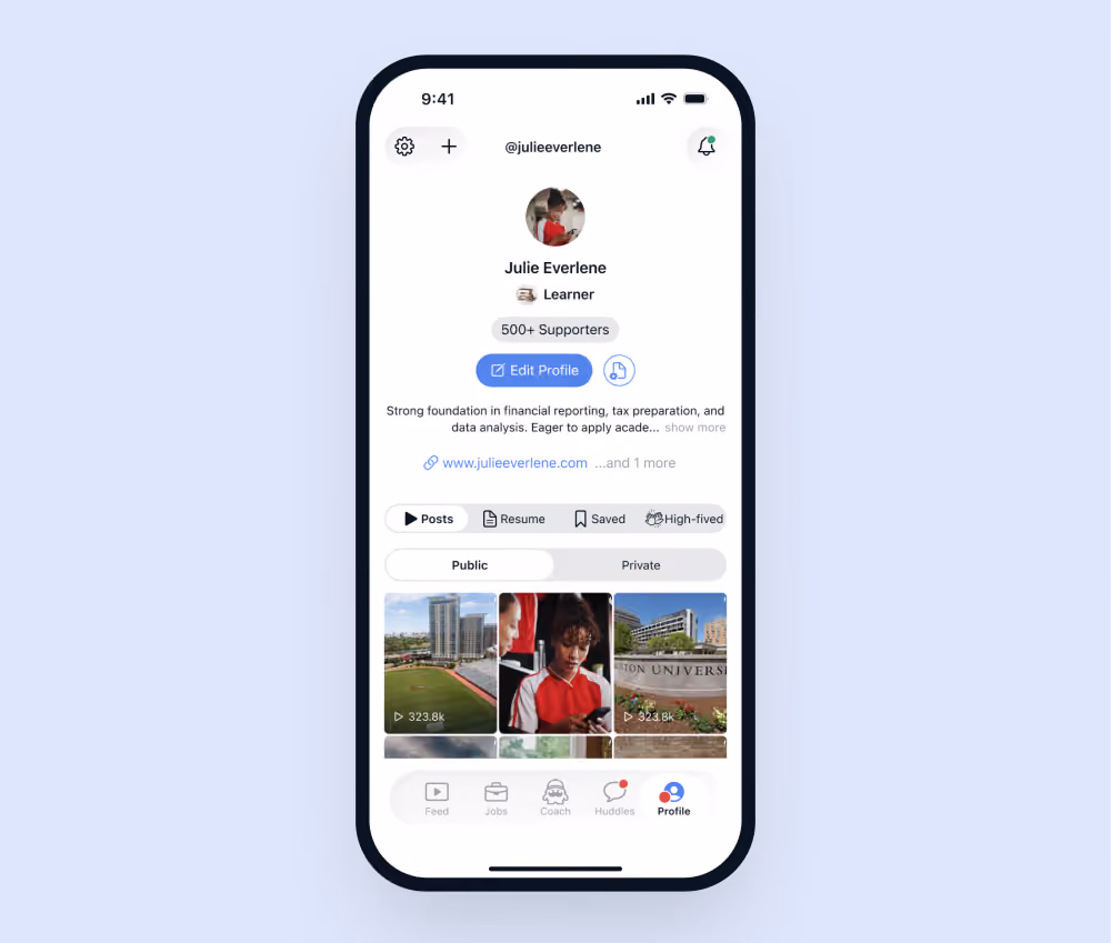 Prospect HQ app profile screen showing a student-athlete's bio, supporter count, and post gallery