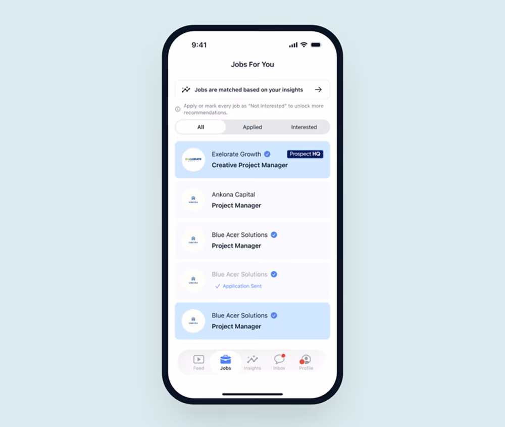 Prospect HQ app Jobs For You screen listing roles matched to a student-athlete's profile