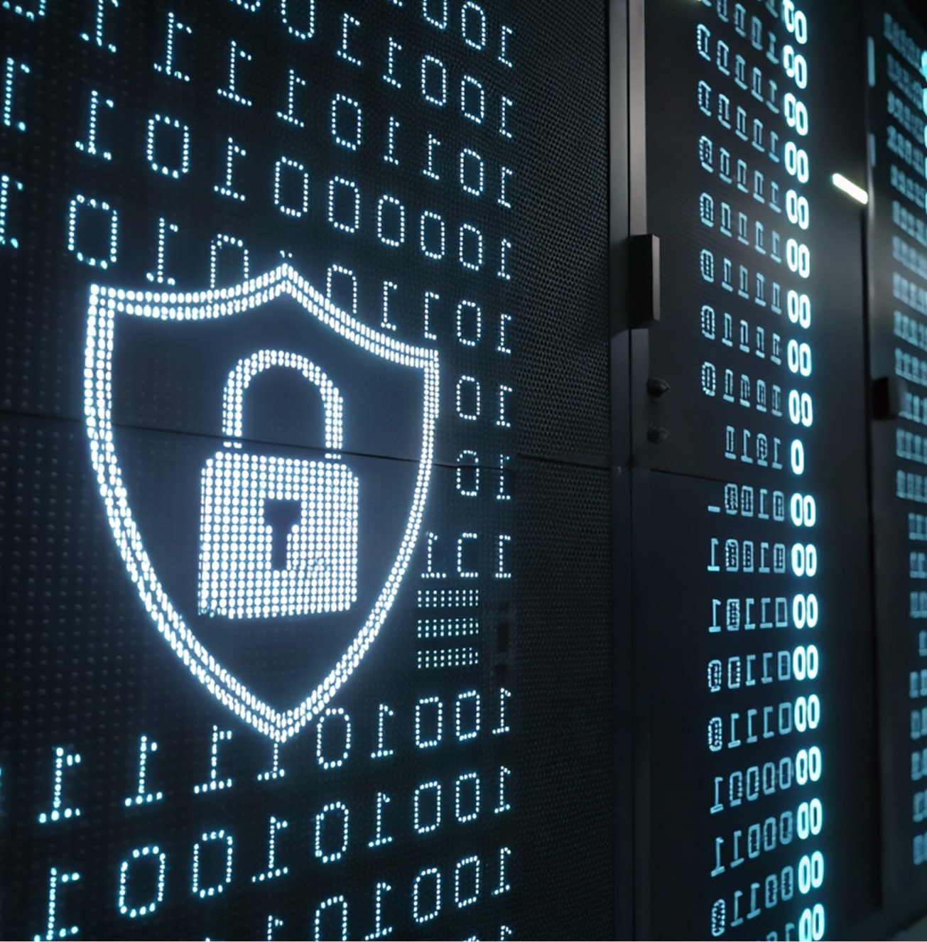 Digital shield with a padlock surrounded by binary code on illuminated server panels.