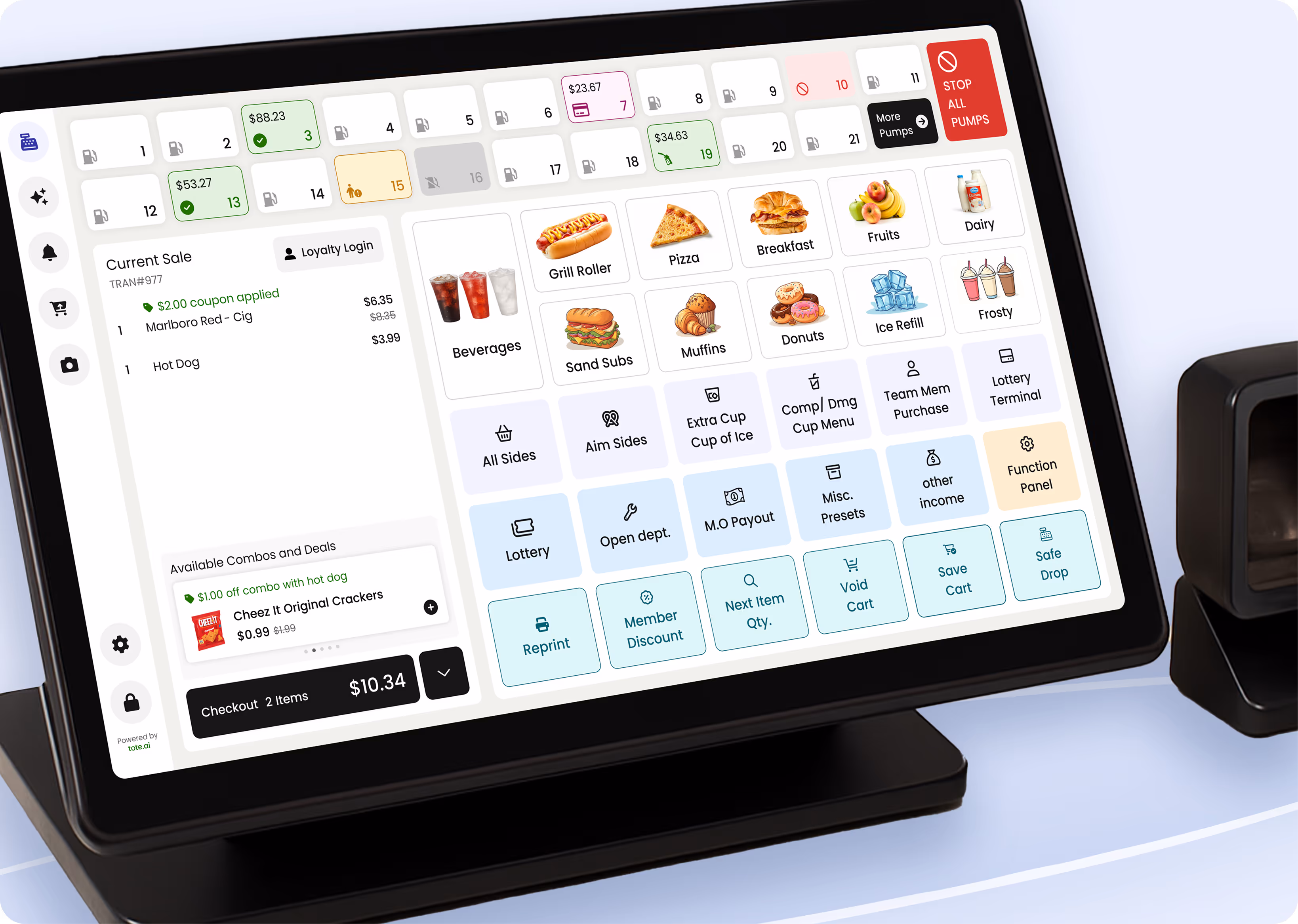 Touchscreen POS system with categories like beverages, snacks, and options for combos, discounts, and checkout.