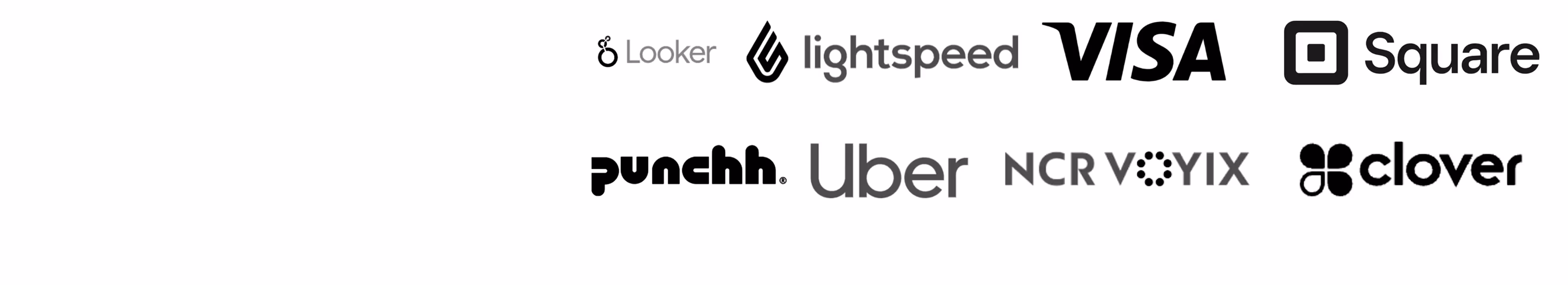 Logos of Looker, Lightspeed, Visa, Square, Punchh, Uber, NCR Voyix, and Clover brands.