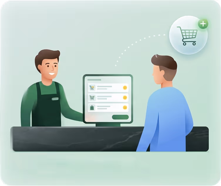 Store clerk assisting customer at counter with digital shopping cart on screen and add icon.