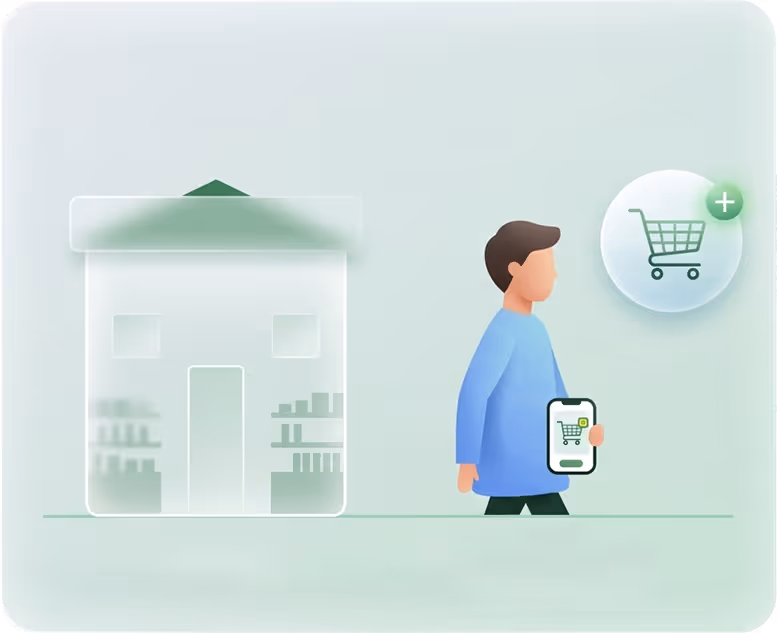 Person holding phone with shopping cart icon, walking away from a store outline toward a cart symbol with a plus sign.