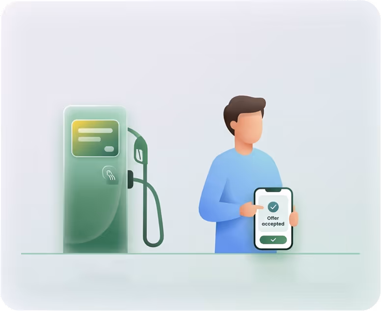 Person holding smartphone showing an accepted offer next to a green fuel pump station.