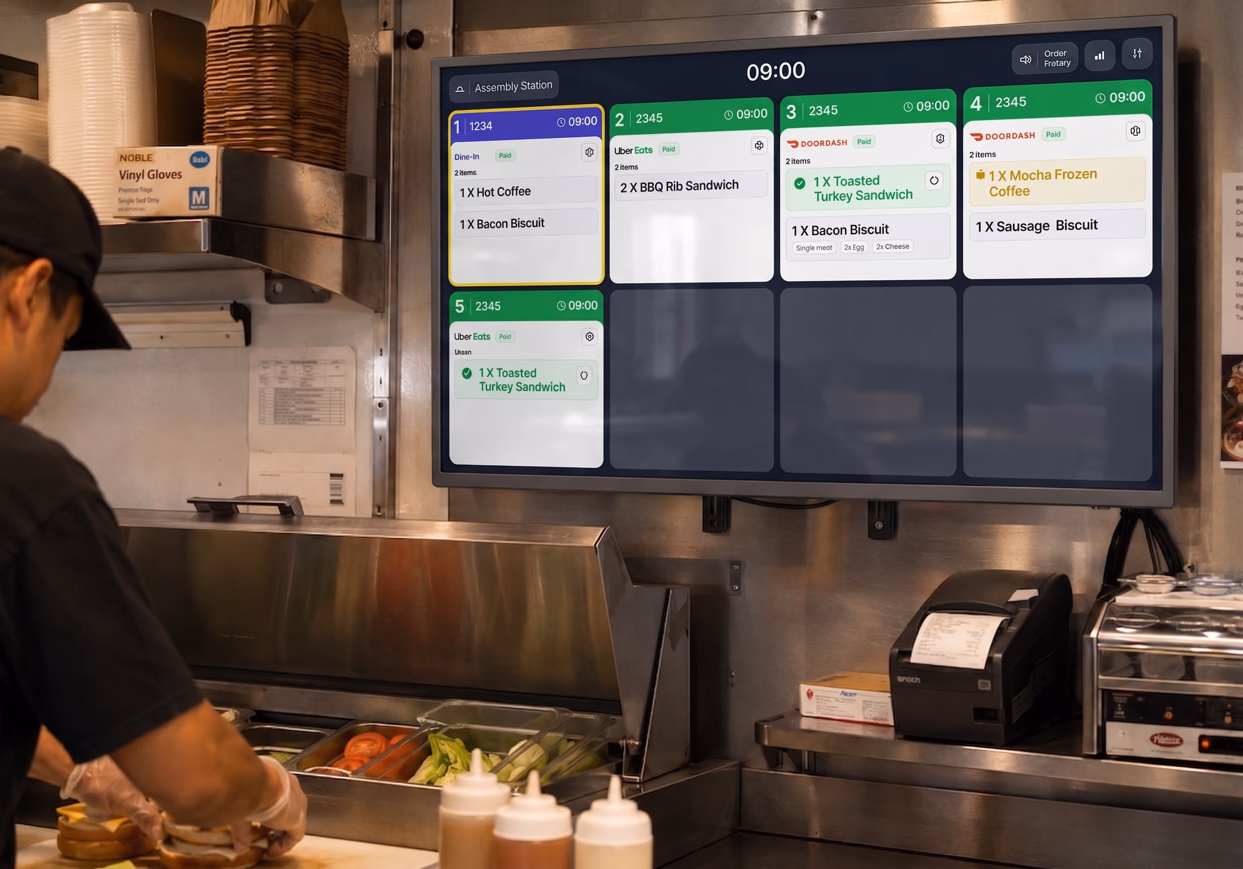 Kitchen worker assembling sandwiches near a screen displaying food orders and delivery details.