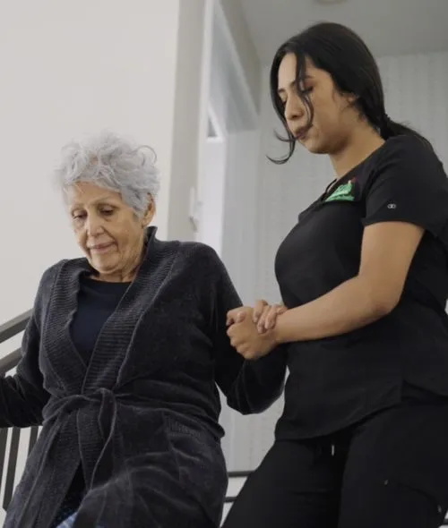 Caregiver helping a client on the stairs