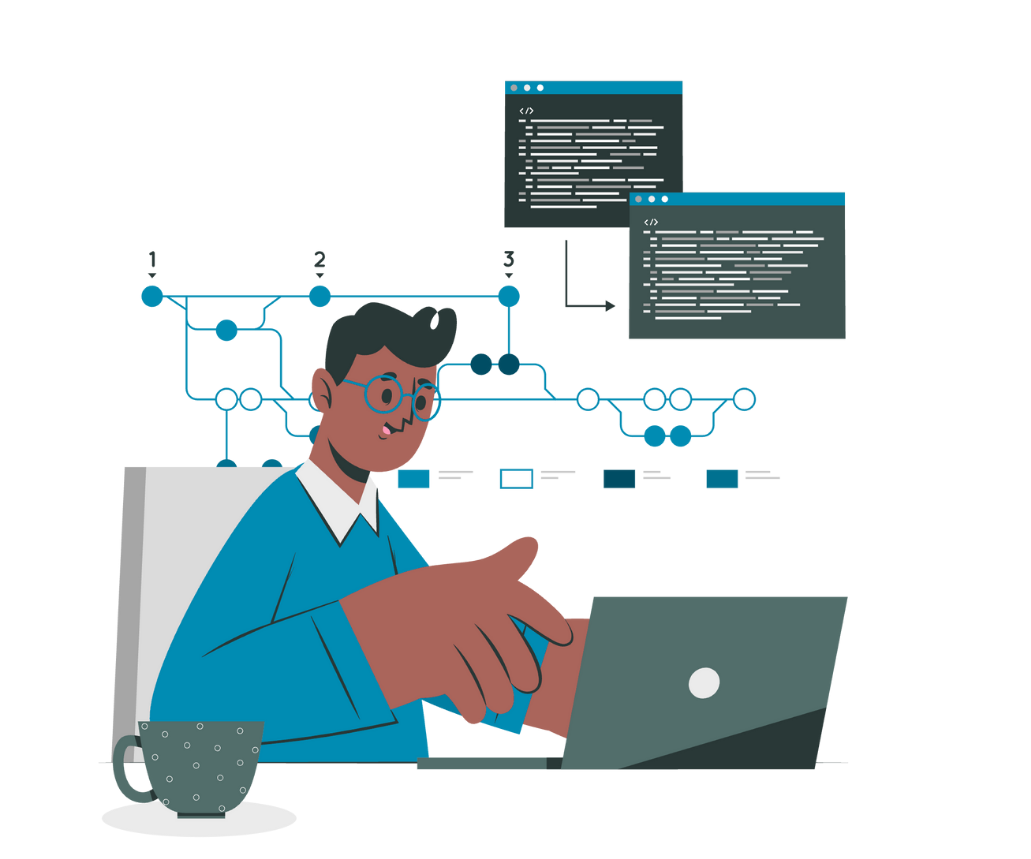 Developer coding on laptop with flowchart and terminal windows displaying code