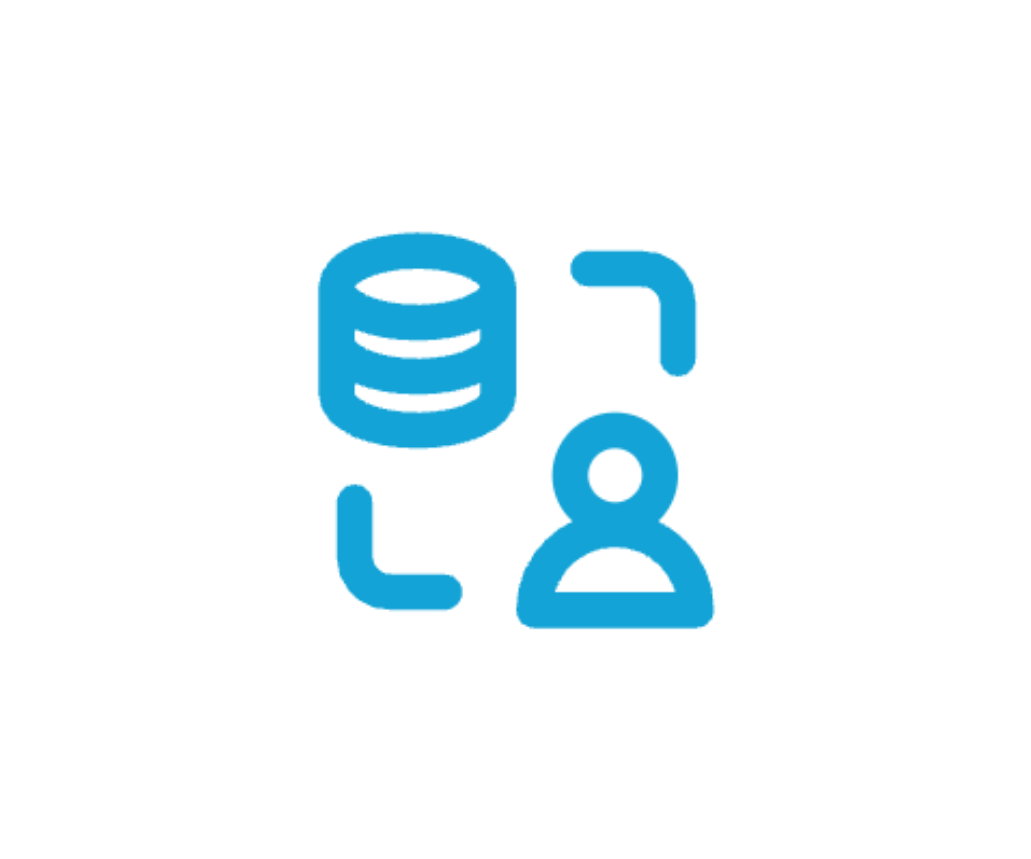 Blue icons representing database, user profile, and data management symbols